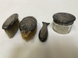 PAIR OF BROKEN BRUSHES & JAR WITH STERLING LID