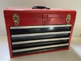 UNMARKED RED LIFTING LID WITH 4 DRAWERS TOOLBOX