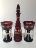 RED CUT GLASS LUSTERS WITH CRYSTALS & DECANTER