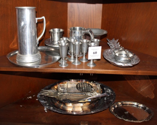 TWO SHELVES OF PEWTER & SILVER PLATE
