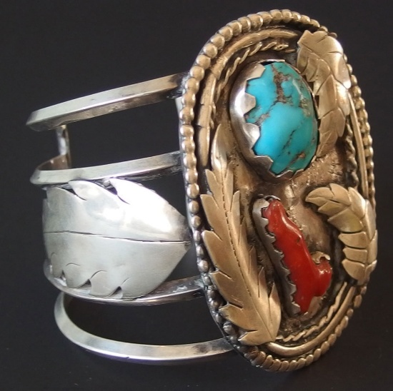 NAVAJO STERLING TURQUOISE & CORAL CUFF BRACELET