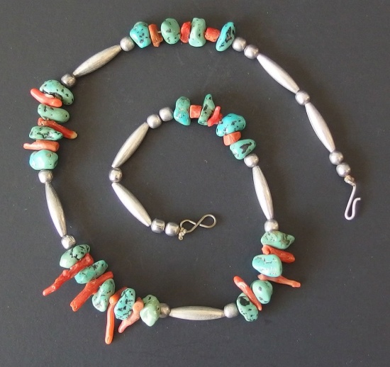 NAVAJO STERLING TURQUOISE & CORAL NECKLACE