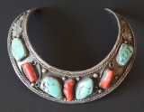 LARGE NAVAJO STERLING TURQUOISE & CORAL CHOKER