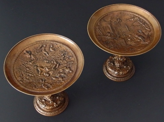 PAIR FRENCH NEOCLASSICAL EMBOSSED BRONZE COMPOTES