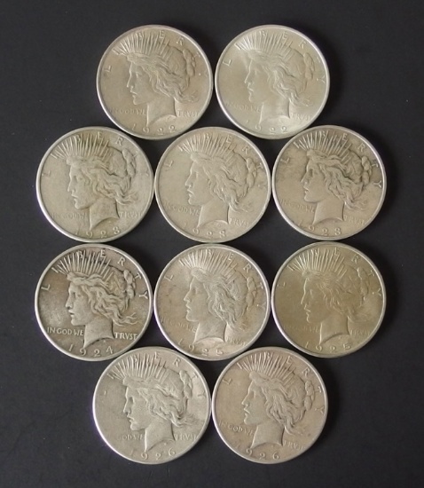 TEN (10) SILVER PEACE DOLLAR COINS