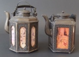 PAIR OF CHINESE DECORATIVE PEWTER TEAPOTS