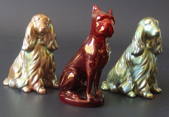 THREE (3) ZSOLNAY EOSIN POTTERY DOG FIGURINES