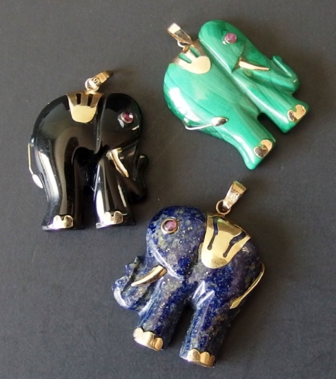 THREE (3) 14KT GOLD MOUNTED ELEPHANT PENDANTS