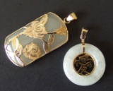 PAIR OF CHINESE 14KT GOLD & JADE PENDANTS