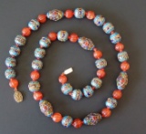 ANTIQUE CHINESE CARVED CARNELIAN & ENAMEL NECKLACE