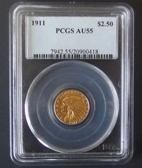 PCGS AU55 1911 $ 2 1/2  INDIAN HEAD GOLD COIN