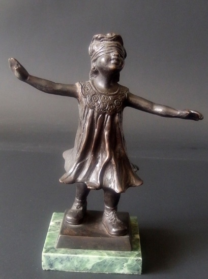 BRONZE SCULPTURE OF BLINDFOLDED CHILD