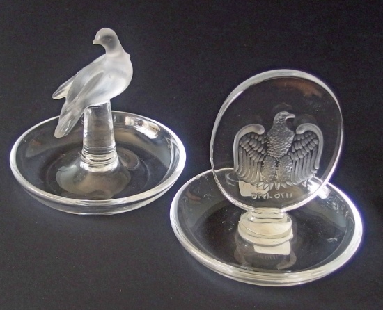 PAIR OF LALIQUE CRYSTAL BIRD PIN TRAYS
