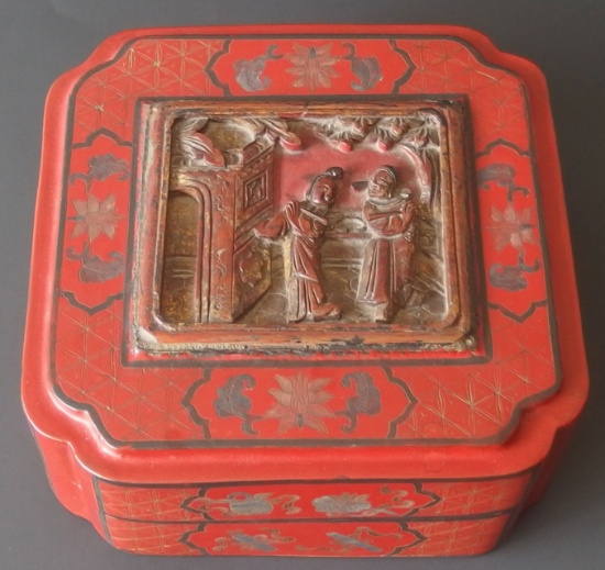 ANTIQUE CHINESE CINNABAR LACQUERED BOX & COVER