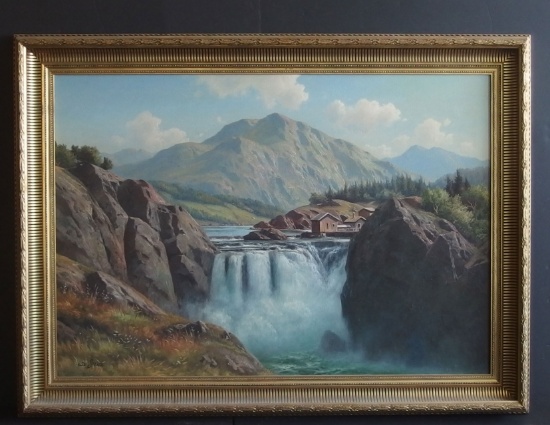 SVEND DREWS WATERFALL FJORD OIL PAINTING