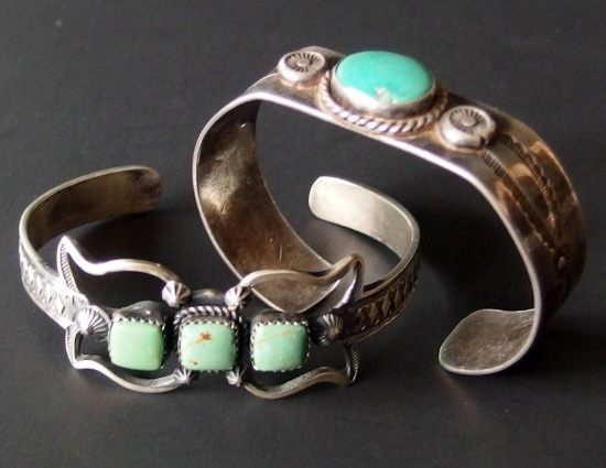 TWO (2) NAVAJO STERLING & TURQUOISE CUFF BRACELETS