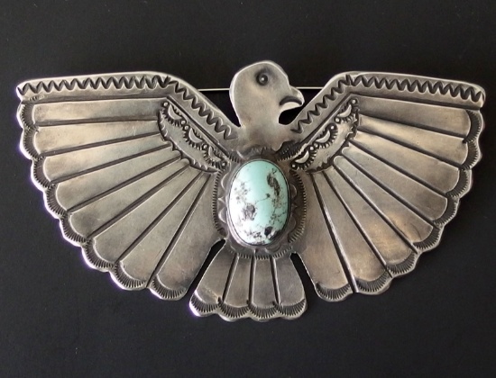 NAVAJO STERLING TURQUOISE THUNDERBIRD BROOCH