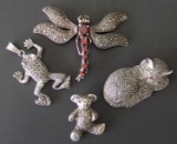 COLLECTION OF STERLING & MARCASITE PINS & PENDANTS