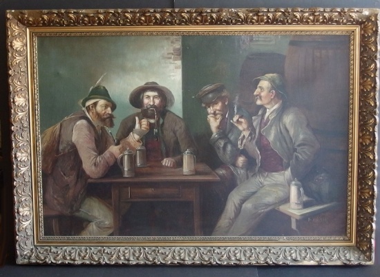 H. WENCK GERMAN TAVERN SCENE OIL PAINTING