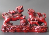 CHINESE RED CINNABAR FOO DOG FIGURAL GROUP