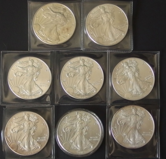 AMERICAN SILVER EAGLE COINS (8)