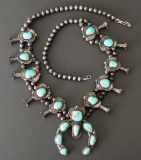 NAVAJO STERLING TURQUOISE SQUASH BLOSSOM NECKLACE