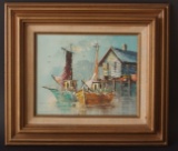 20TH CENTURY HARBOR SCENE OIL PAINTING