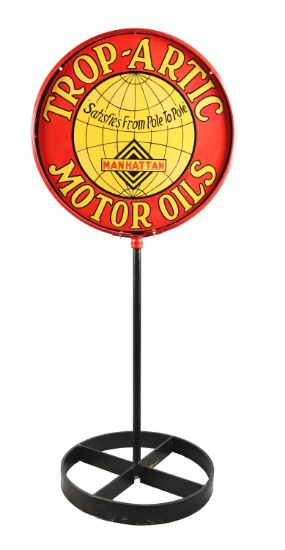 Trop-Artic Motor Oils Manhattan Gasoline Porcelain Lollipop Sign.