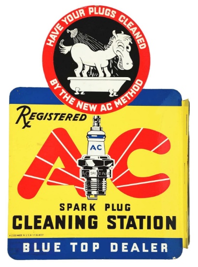 AC Spark Plug Cleaning Station Blue Top Dealer Tin Flange Sign.