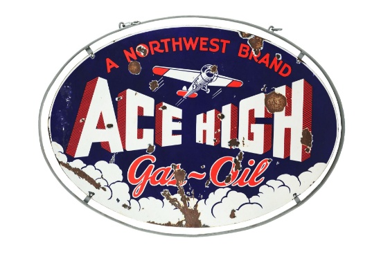 Ace High Gasoline & Motor Oil Oval Porcelain Sign w/ Airplane Graphic.
