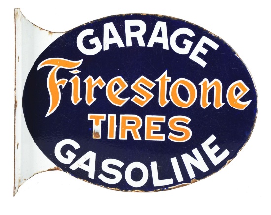 Firestone Tires Garage & Gasoline Porcelain Flange Sign.