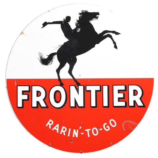 Frontier "Rarin'-to-Go" Station Identification Porcelain Sign w/ Silhouette Rider.