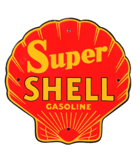 Super Shell Gasoline Clamshell Shaped Porcelain Sign.