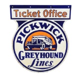 Pickwick Greyhound Lines Ticket Office Porcelain Keyhole Shaped Sign.