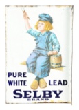 Selby Brand Pure White Lead Paint Porcelain Flange Sign.