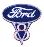 Huge Ford V-8 Two-Piece Porcelain Neon Sign.