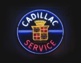Cadillac Authorized Service Porcelain Sign w/ Crest Logo And Added Neon.
