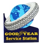 Goodyear Tires Service Station Porcelain Flange Sign w/ Globe Graphic.