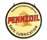 Pennzoil Safe Lubrication w/ Brown Bell Graphic Porcelain Sign.