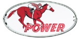 Oval Gibbs Power Gasoline w/ Jockey & Horse Graphic Porcelain Neon Sign.