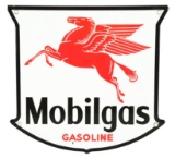 Mobilgas Gasoline Porcelain Pump Plate w/ Pegasus Graphic & Black Outline.