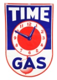 Time Gasoline w/ Clock Graphic Porcelain Identification Sign.