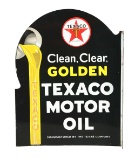Texaco Motor Oil Clean, Clear, Golden Porcelain Flange Sign.