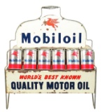 Mobiloil Motor Oil Tin Oil Can Metal Rack w/ Original Cans.