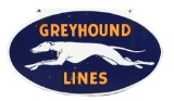 Greyhound Lines w/ Greyhound Dog Graphic Oval Porcelain Sign.