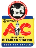 AC Spark Plug Cleaning Station Blue Top Dealer Tin Flange Sign.