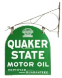 Quaker State Motor Oil Porcelain Tombstone Sign w/ Original Iron Hanging Bracket.