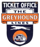 Greyhound Lines Ticket Office Porcelain Diecut Sign w/ Greyhound & Bus Graphics.