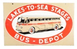 Restored Lakes-To-Sea Stages Bus Depot Porcelain Sign w/ Bus Graphic.