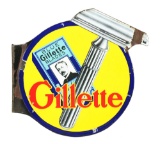 Blue Gillette Blades w/ Die-Cut Razor Porcelain Flange Sign.